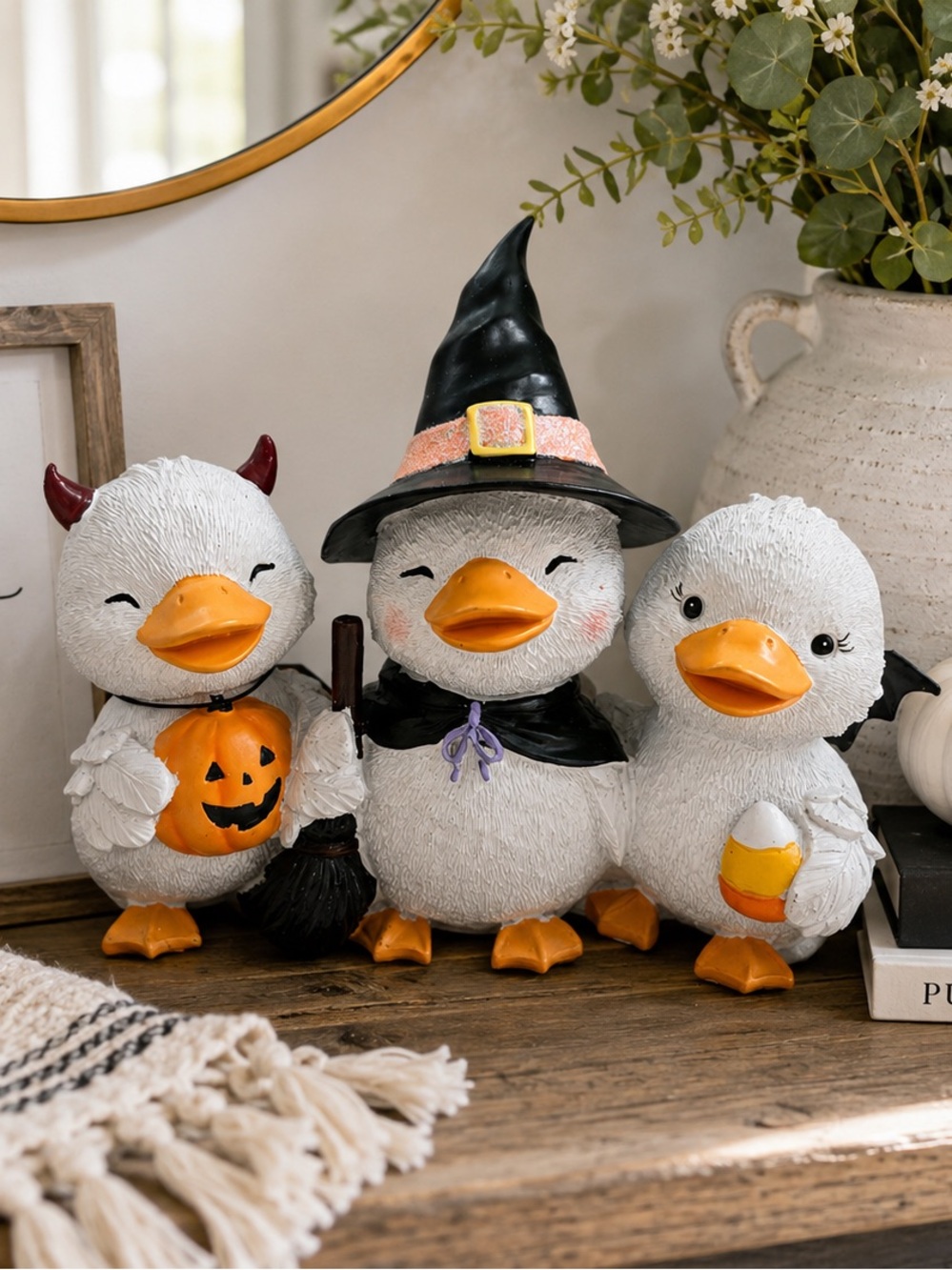 Ghoulish Halloween Witch Duck Trio Figurine Pumpkin Candy Corn Decor